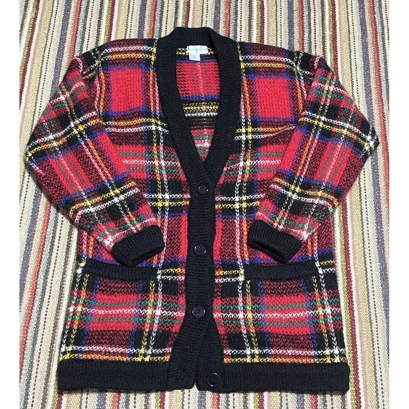 Vintage Mark‎ Fore & Strike Red Plaid Mohair Wool Blazer Sweater Soft Emo Y2K - Picture 1 of 7